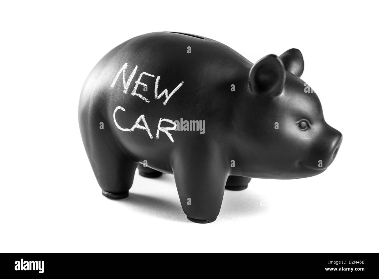 Black piggy bank on white background with 'new car' written on it Stock ...