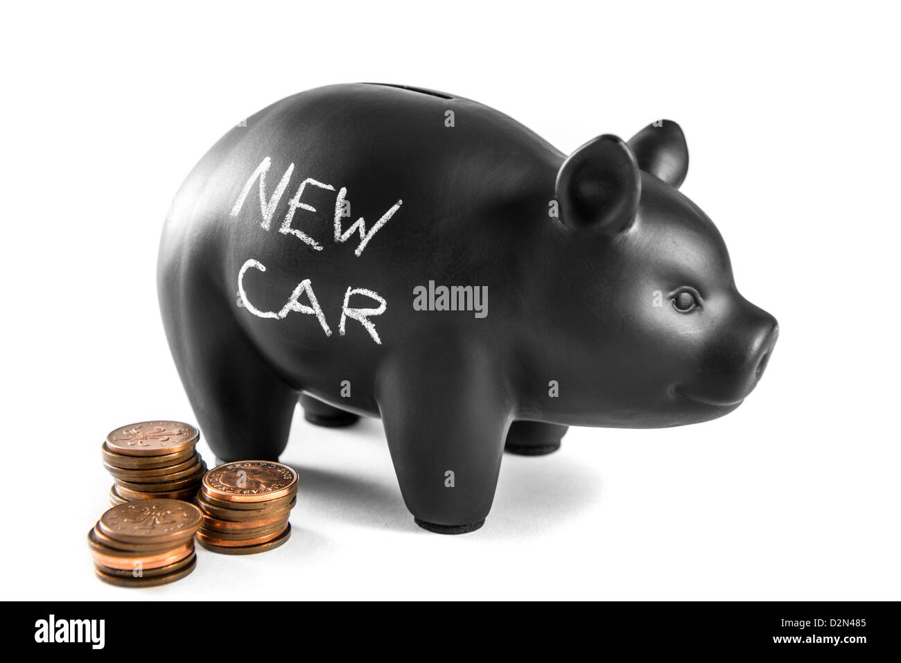Black piggy bank on white background with 'new car' written on it and ...