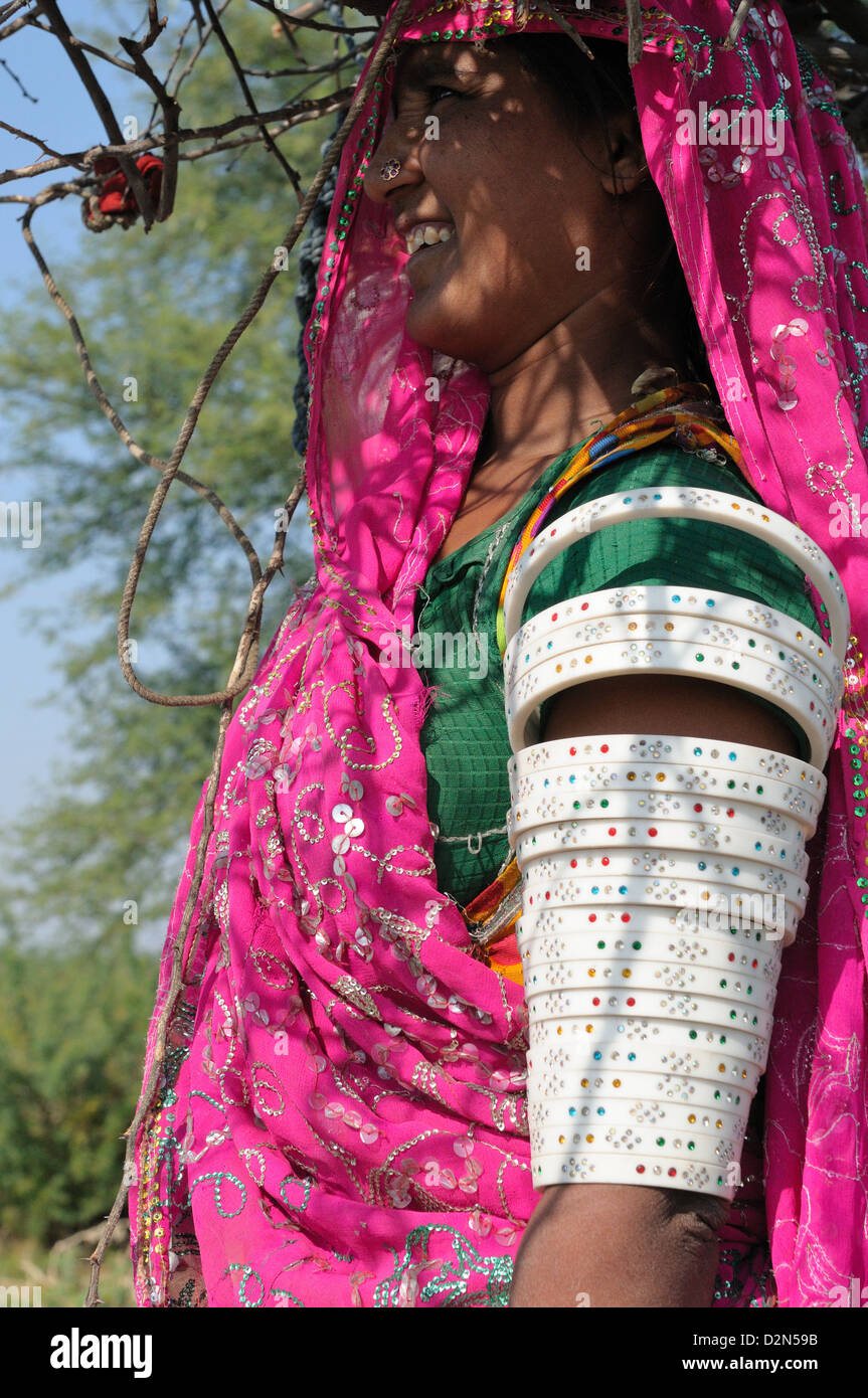 Mir tribal woman with her traditional artificial ivory bangles, Gujarat, India, Asia Stock Photo