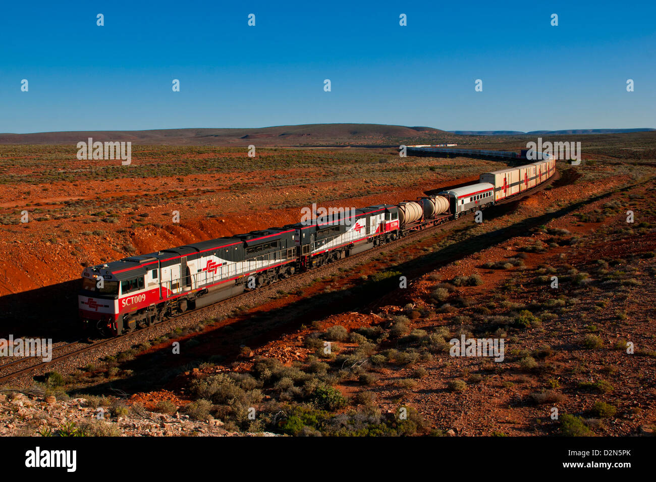 Train travelling through the Outback of South Australia, Australia, Pacific Stock Photo
