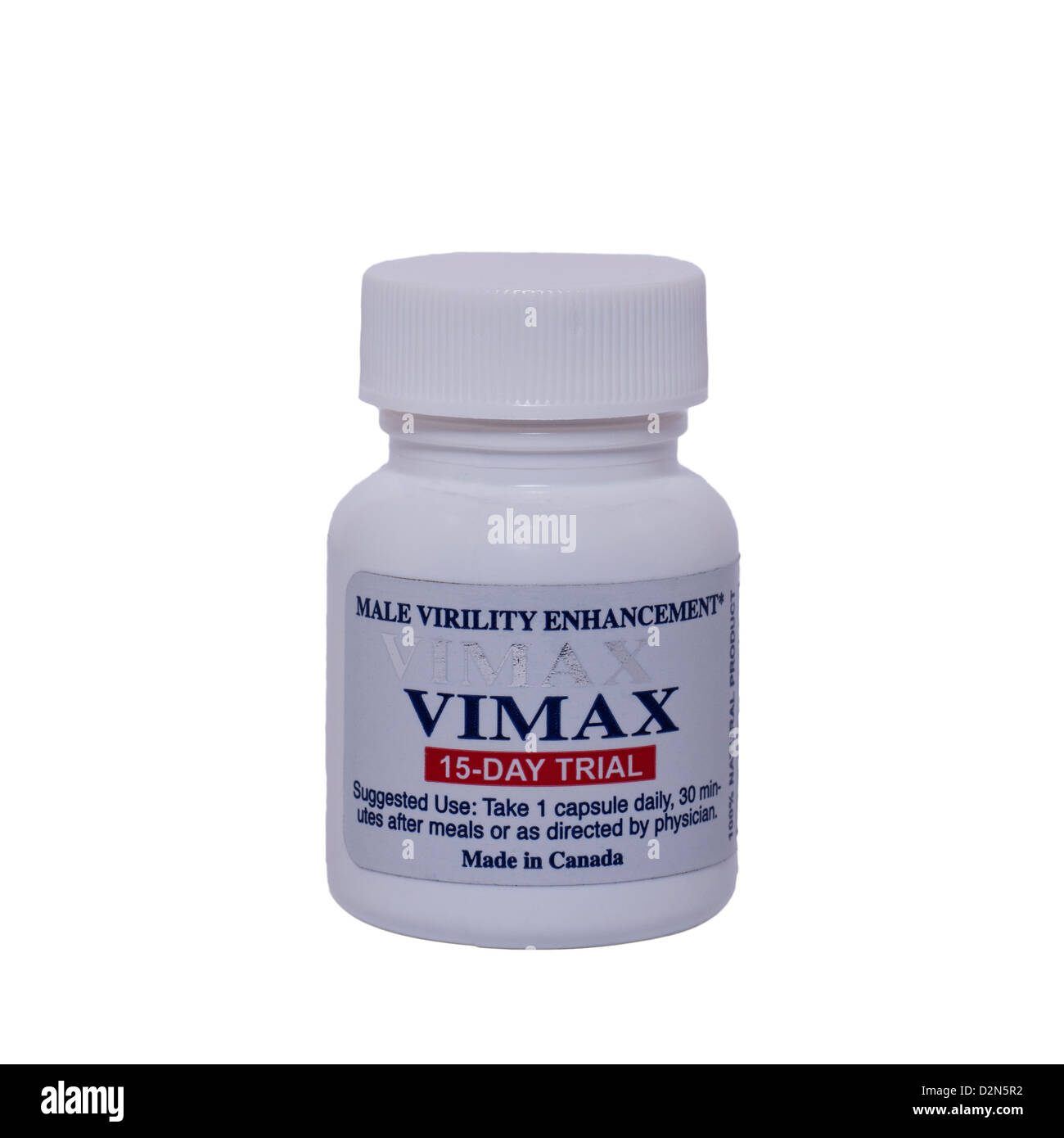 A tub of Vimax capsules for male virility enhancement on a white background Stock Photo