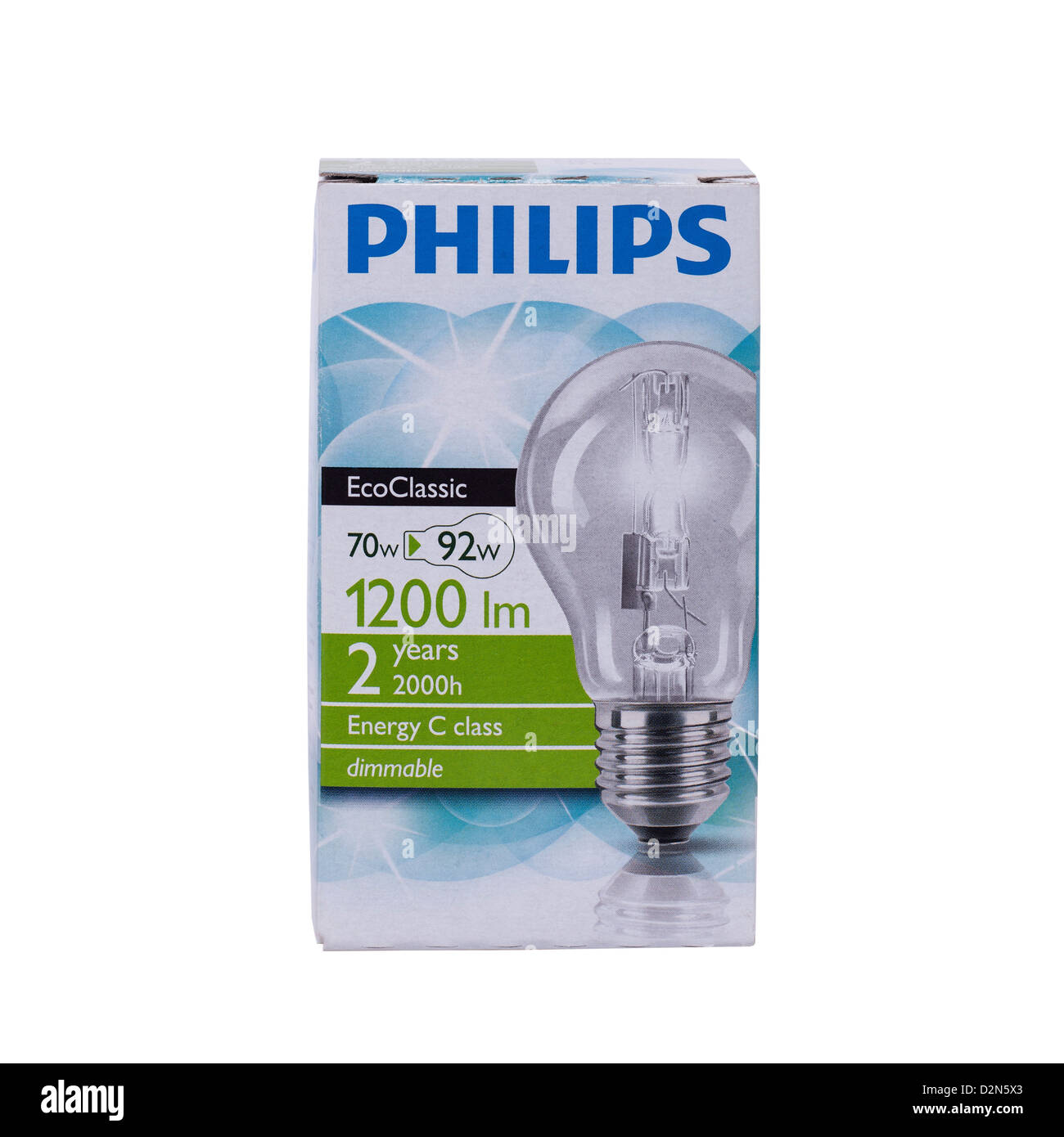A Philips EcoClassic 70 watt halogen lightbulb on a white background Stock Photo