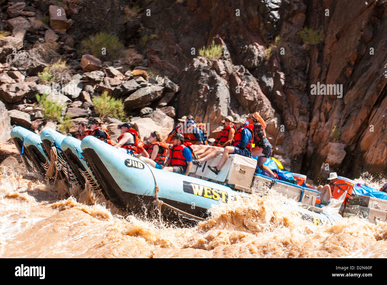 Rafting down the Colorado River through turbulent waters of the Grand Canyon, Arizona, United States of America, North America Stock Photo