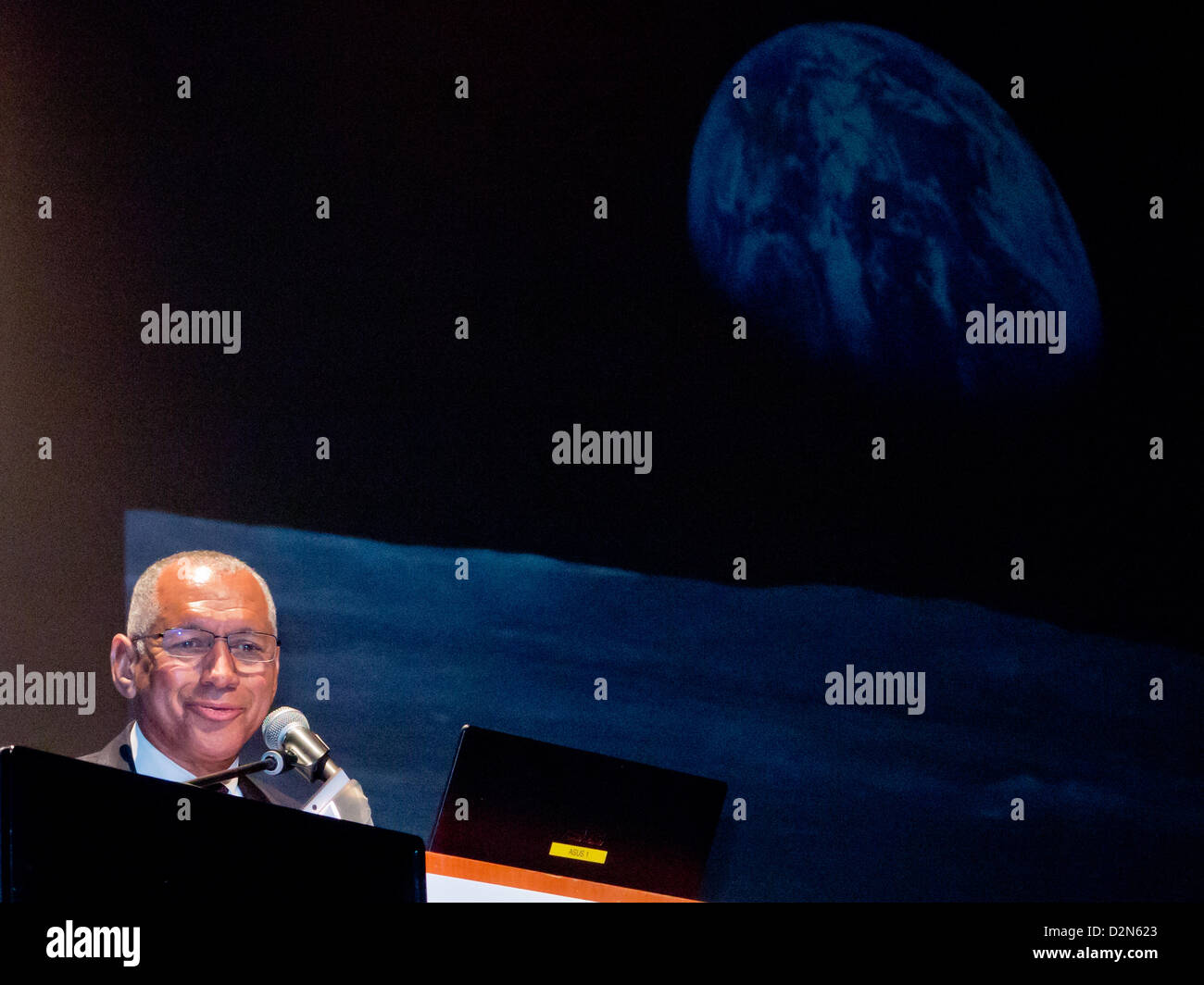 Retired Marine Corps Maj. Gen. Charles Frank Bolden, Jr., NASA Administrator, addresses the eighth annual Ilan Ramon International Space Conference. Hertzeliya, Israel. 29-Jan-2013.  Eighth Annual Ilan Ramon International Space Conference convenes commemorating a decade to Columbia Mission STS-107 with senior representatives of 14 space agencies including NASA Administrator and astronauts from the US, Japan, Russia and Kazakhstan. Stock Photo
