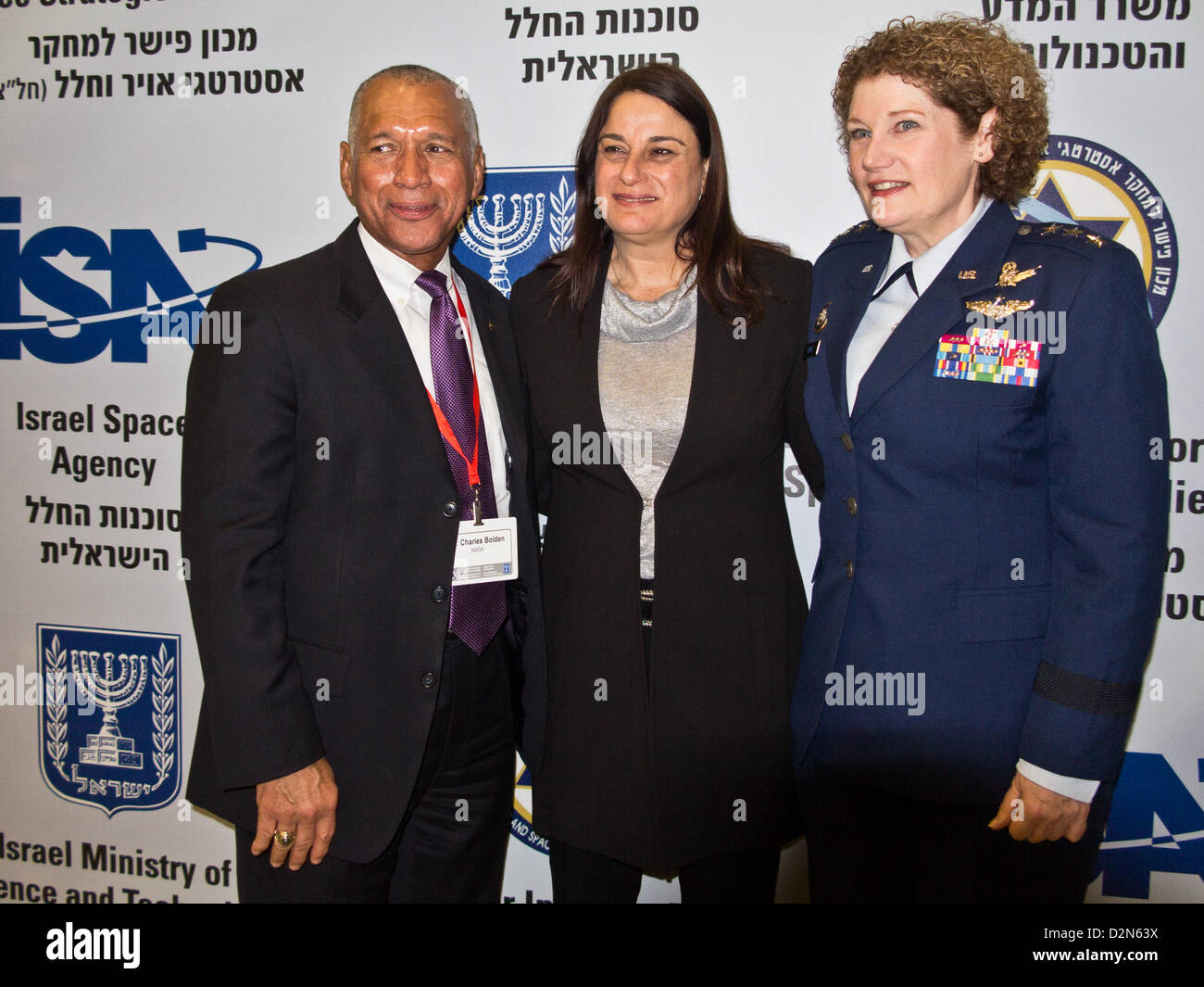 Ms. Rona Ramon, widow of Columbia STS-107 astronaut, Ilan Ramon, poses for a photo between Charles Bolden, NASA Administrator and Lieut. Gen. Susan Helms, former NASA astronaut. Hertzeliya, Israel. 29-Jan-2013.  Eighth Annual Ilan Ramon International Space Conference convenes commemorating a decade to Columbia Mission STS-107 with senior representatives of 14 space agencies including NASA Administrator and astronauts from the US, Japan, Russia and Kazakhstan. Stock Photo