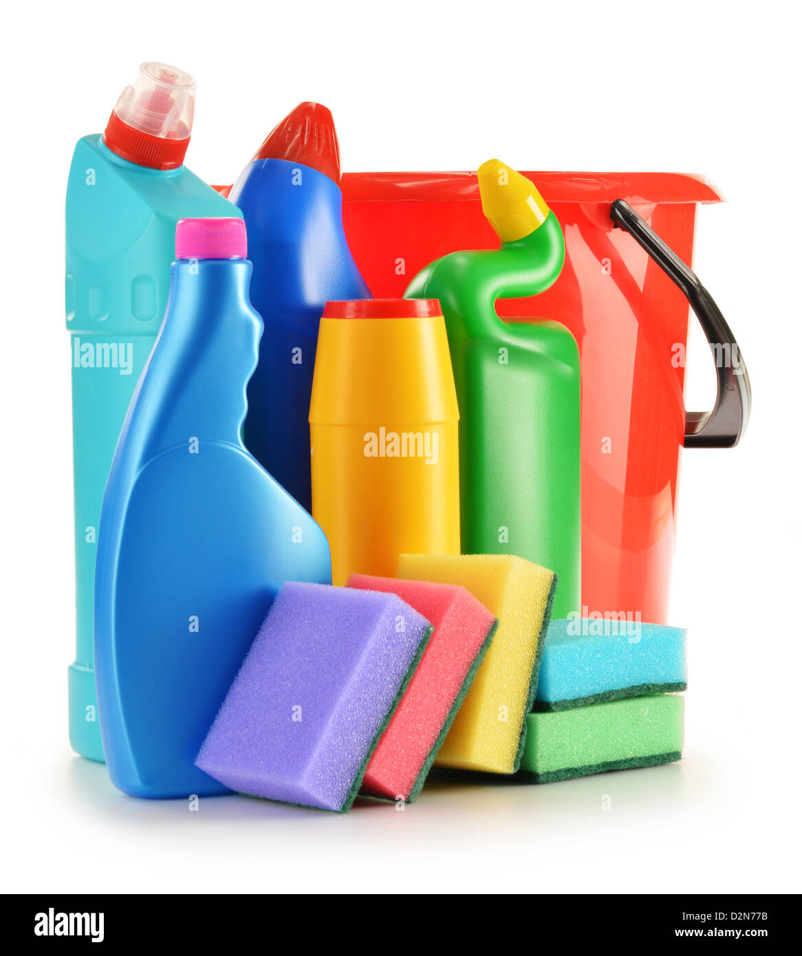 Detergent bottles isolated on white. Chemical cleaning supplies isolated on white Stock Photo