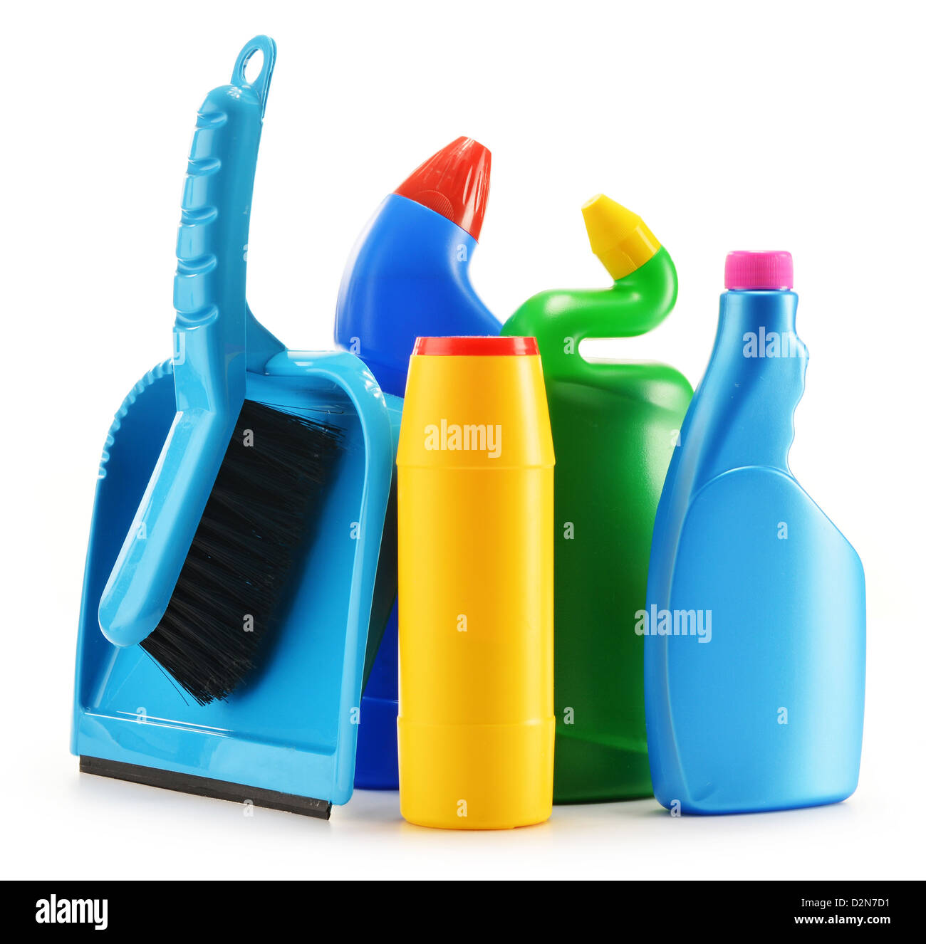 Detergent bottles isolated on white. Chemical cleaning supplies