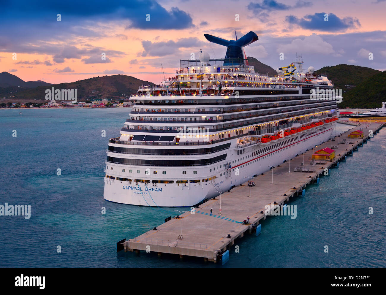 Cruise ship in St. Maarten at sunset Stock Photo