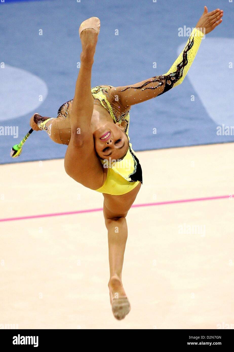 (FILE) An archive photo dated 27 August 2004 shows Russia's Alina Kabaeva performs with the clubs during the rhythmic gymnastics combined qualifications in Athens, Greece. She was a two-time world champion and won bronze in Sydney. She was later banned for doping. Photo: Gero Breloer Stock Photo