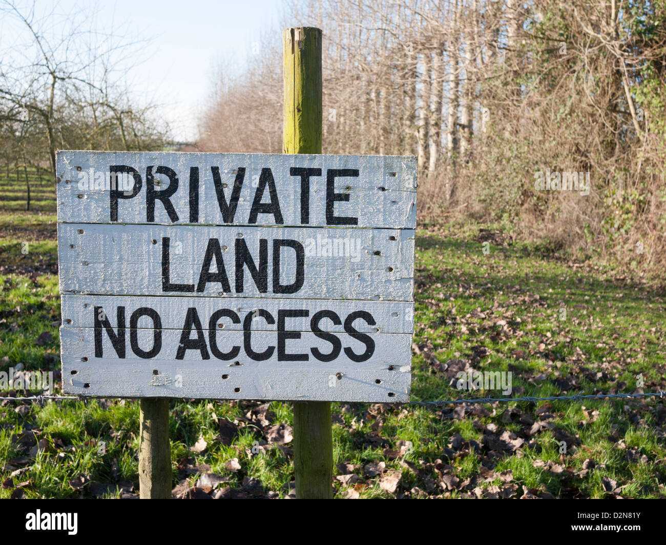 Private Land no access sign in an orchard in the UK Stock Photo