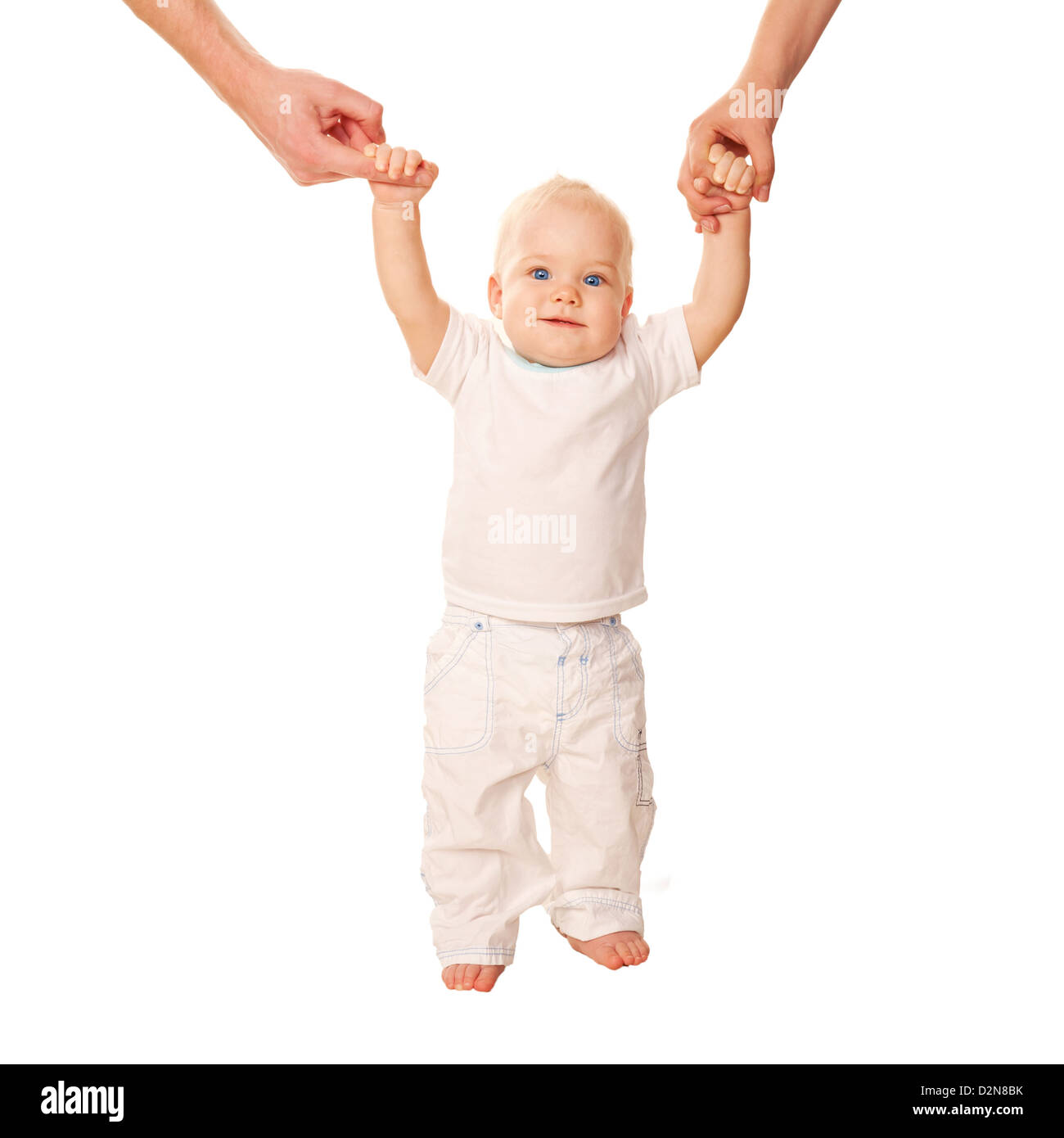 First steps. Baby learning to walk, with help of mothers and fathers ...