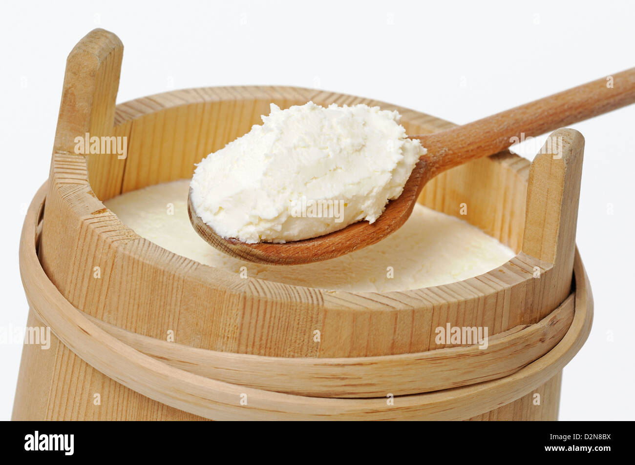 Cream in a Traditional Wooden Pail Stock Photo
