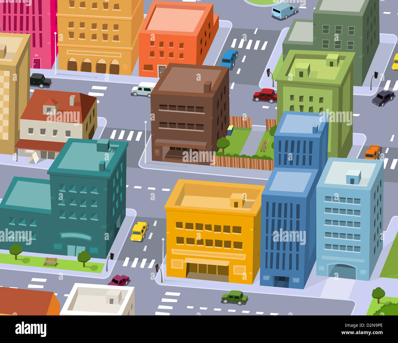 Illustration of a cartoon city scene, with aerial view of downtown traffic Stock Photo