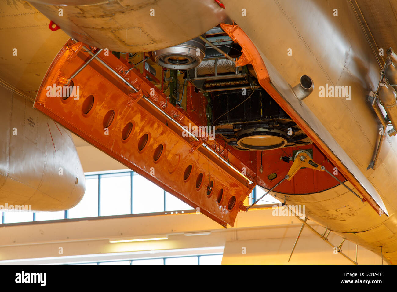 Aerial photography cameras and air target towing winch mounted inside the bomb bay of a Finnish Air Force Ilyushin Il-28 aircraft. Stock Photo