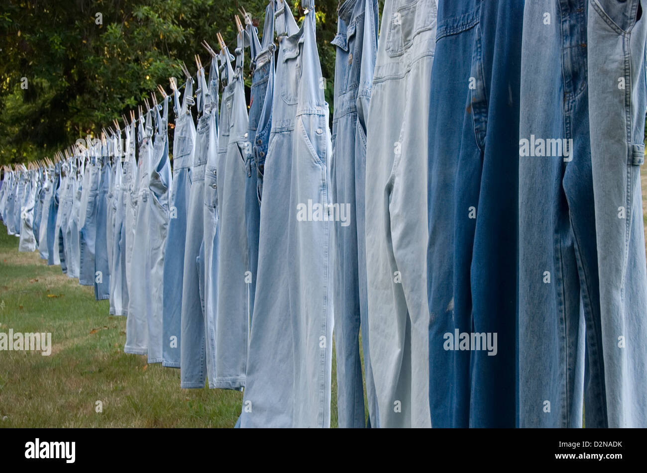 Overalls hanging on a clothesline at the Lucas Lodge in Agness, Oregon