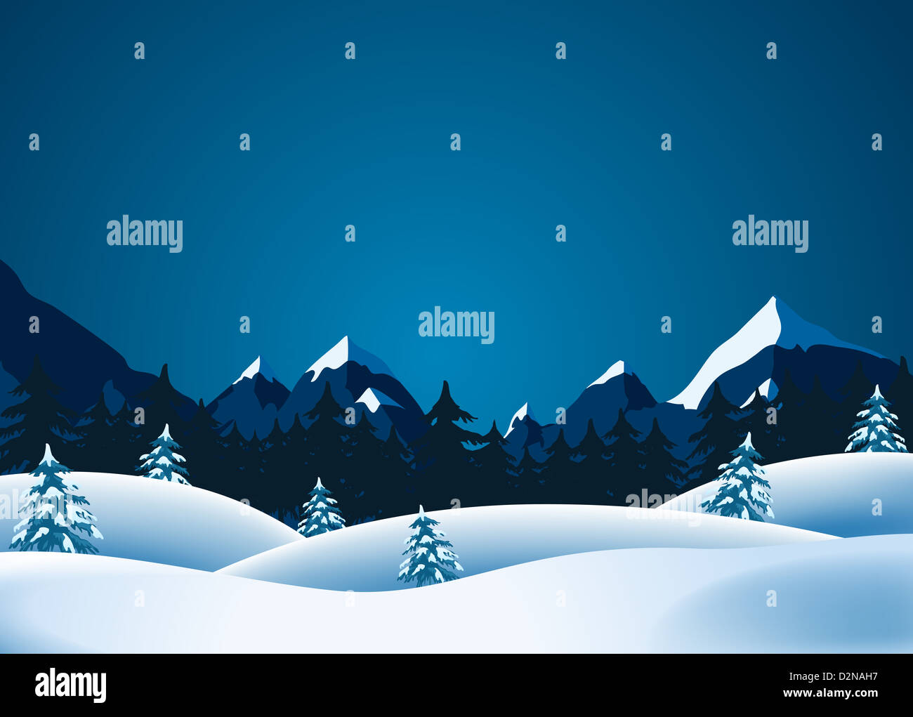 Illustration of winter landscape with mountains range and pine trees ...