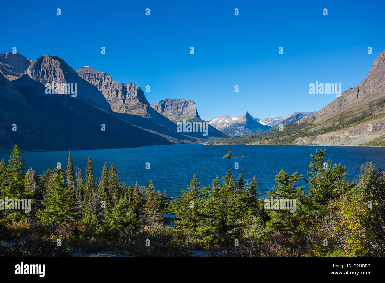 Saint Mary Lake along Going to the Sun Road in Glacier National Park in the Rocky Mountains of Montana Stock Photo