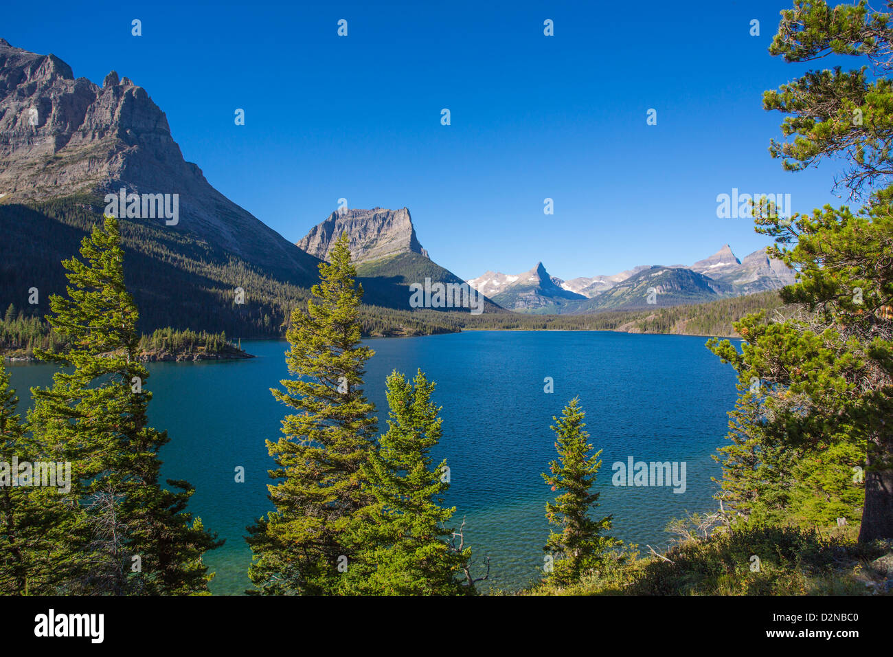 Saint Mary Lake along Going to the Sun Road in Glacier National Park in the Rocky Mountains of Montana Stock Photo