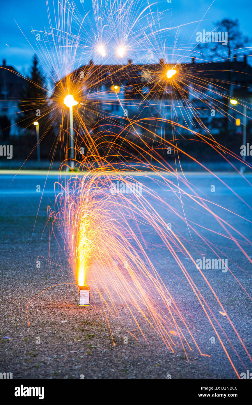 Fireworks, light fountains. Pyrotechnics. Stock Photo
