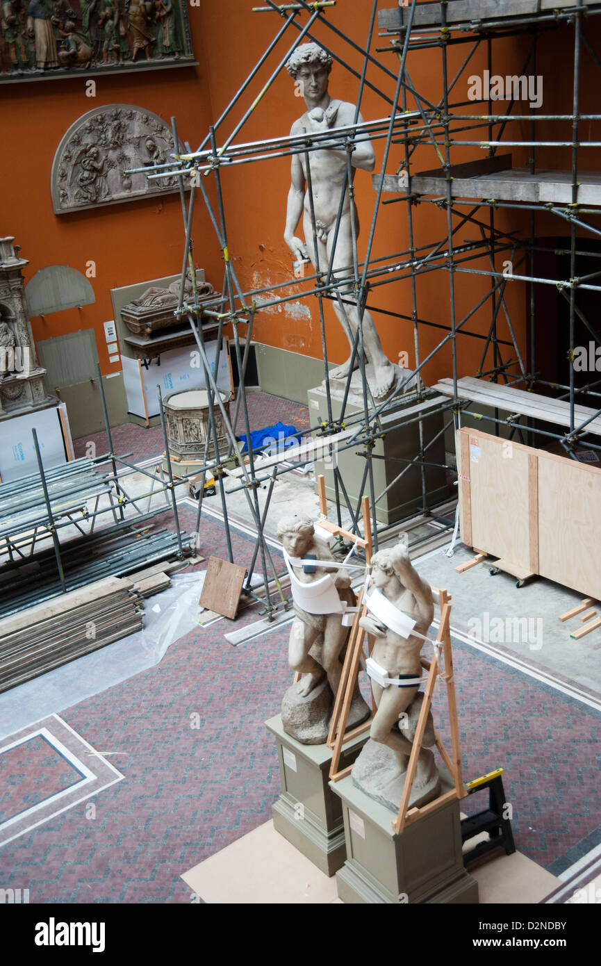 Scaffolding for renovations and restorations inside Victoria and Albert Museum, London, UK Stock Photo