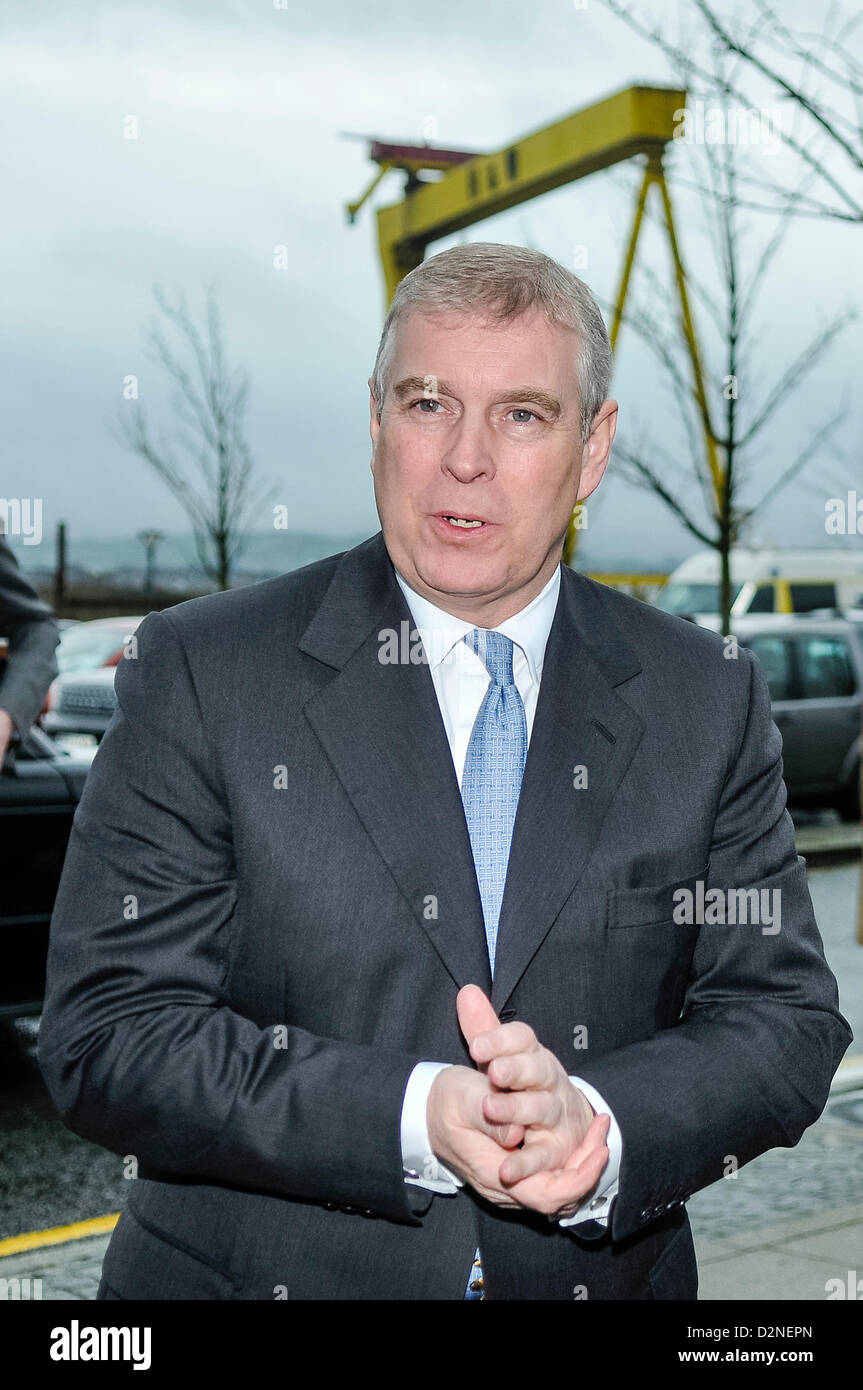29th January 2013, Belfast, Northern Ireland. Prince Andrew, the Duke of York, at the Northern Ireland Science Park. Stock Photo