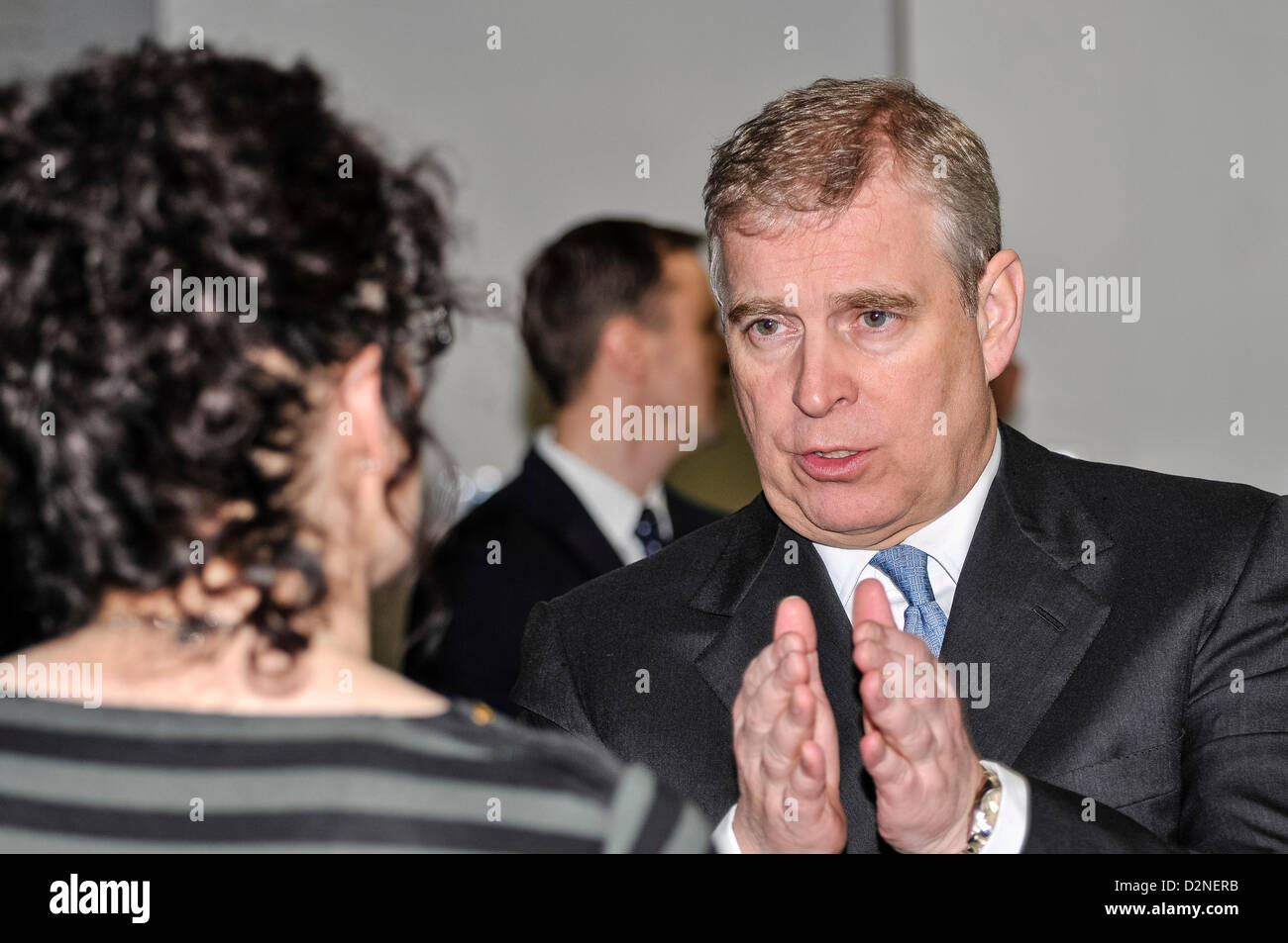 29th January 2013, Belfast, Northern Ireland. Prince Andrew, the Duke of York, talks to one of the innovators at the Northern Ireland Science Park Stock Photo