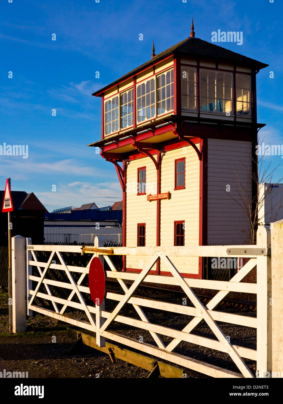 Disused railway signal box at Coalville Crossing part of remains of Snibston Colliery Leicestershire UK now open as a museum Stock Photo