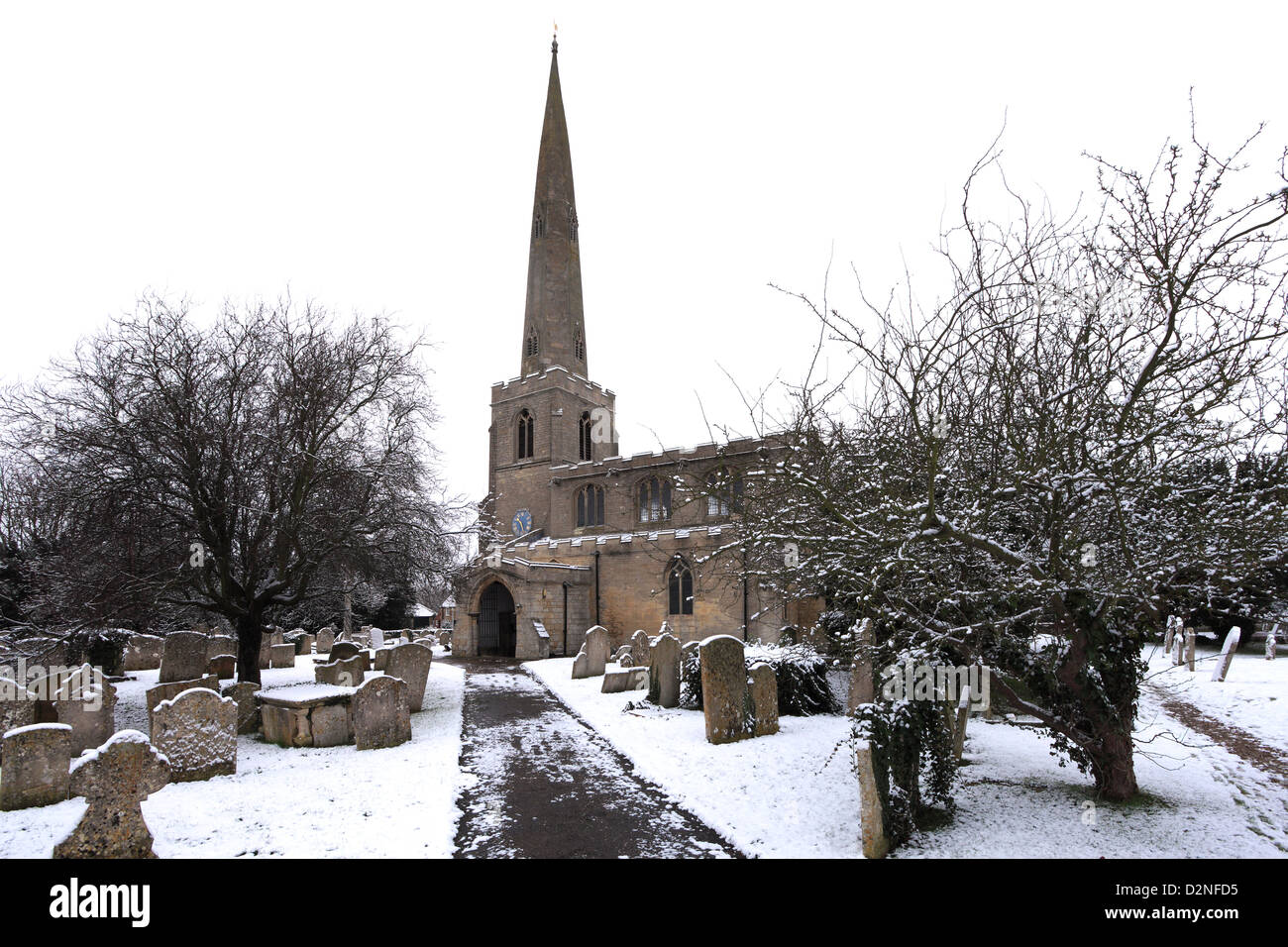 Winter snow, St Benedicts parish church, Glinton village, Cambridgeshire, England; Britain; UK Stock Photo