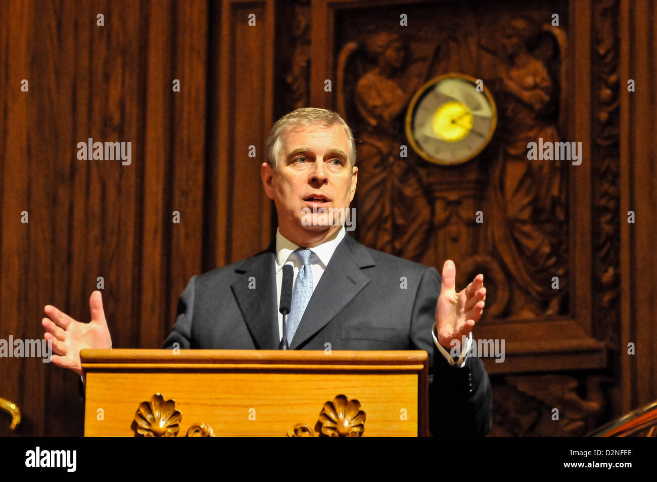29th January 2013, Belfast, Northern Ireland. Prince Andrew, the Duke of York, addresses the audience from Cooperation Ireland at Titanic Belfast. Stock Photo