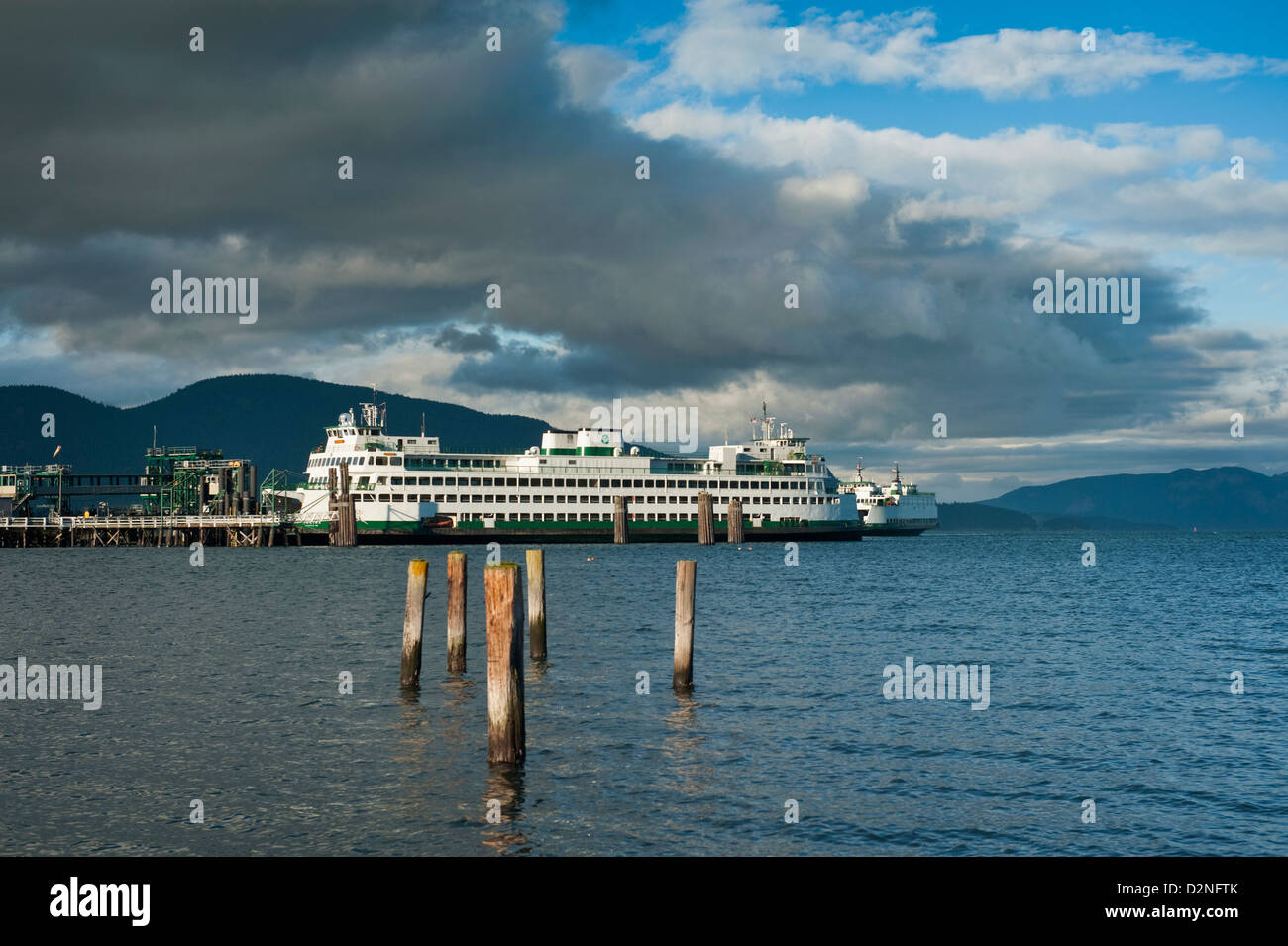 A Washington State Ferry docks in Anacortes, Washington, before heading to Friday Harbor on San Juan Island in the Puget Sound. Stock Photo