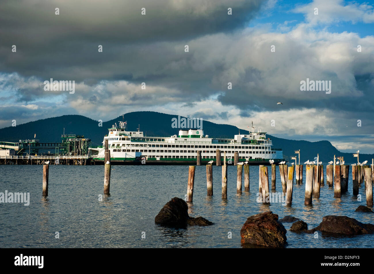 A Washington State Ferry docks in Anacortes, Washington, before heading