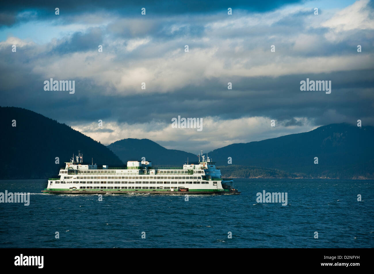 A Washington State Ferry sails from Anacortes, Washington to Friday Harbor on San Juan Island in