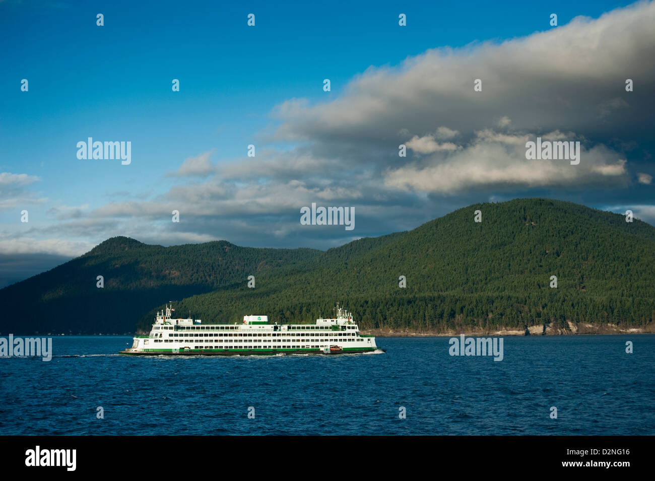 A Washington State Ferry sails from Anacortes, Washington to Friday Harbor on San Juan Island in
