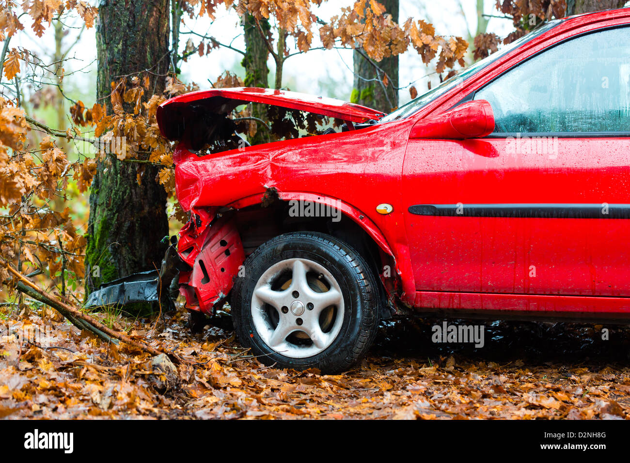 Accident - car crashed into tree, it is totally destroyed Stock Photo