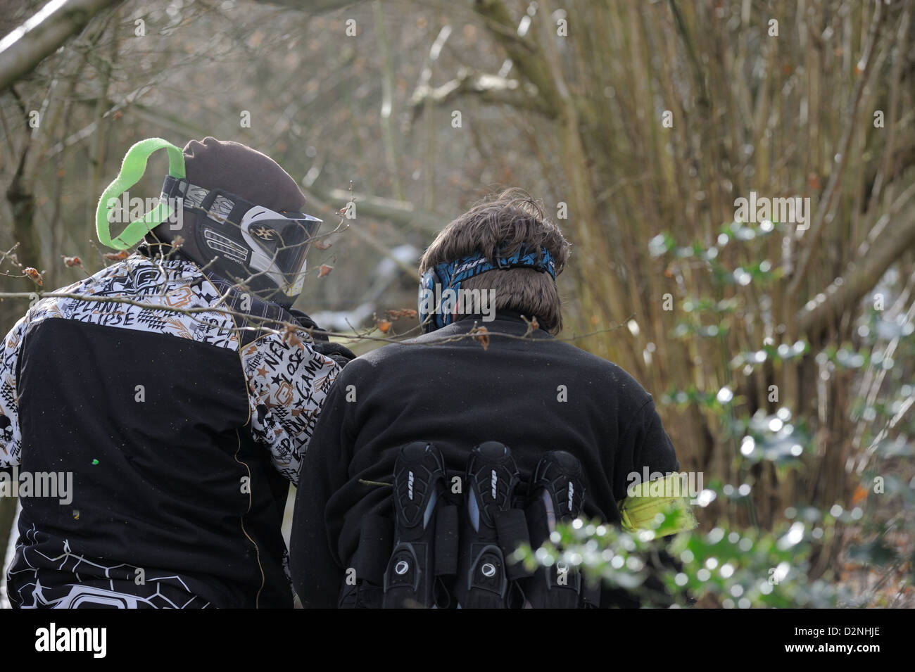 Two paintball players talking tactics Stock Photo