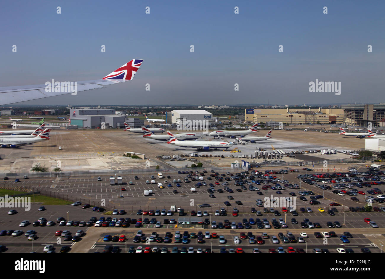 London Heathrow Airport view from a window of Virgin Atlantic A340 Stock Photo