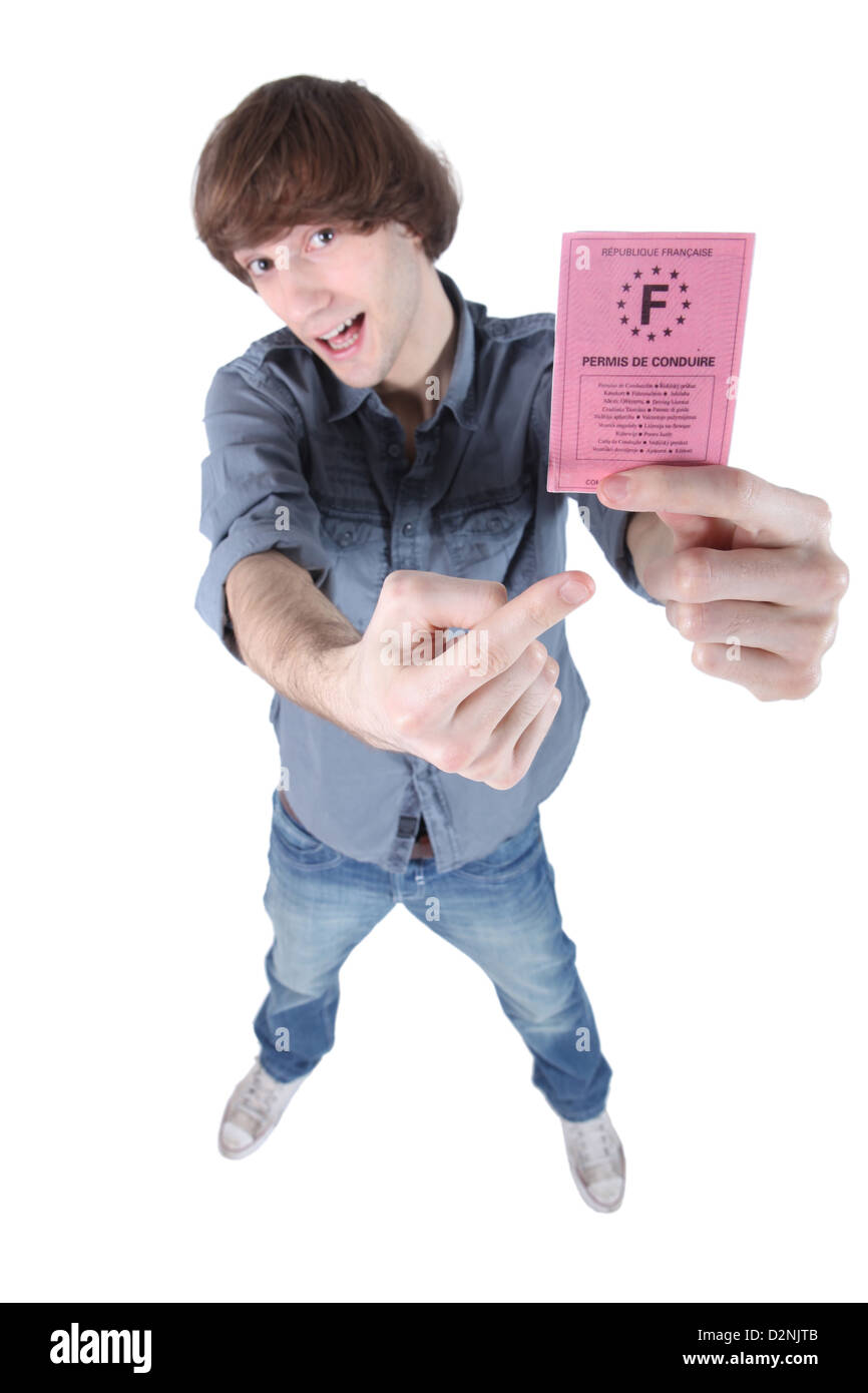 boy with driving license Stock Photo