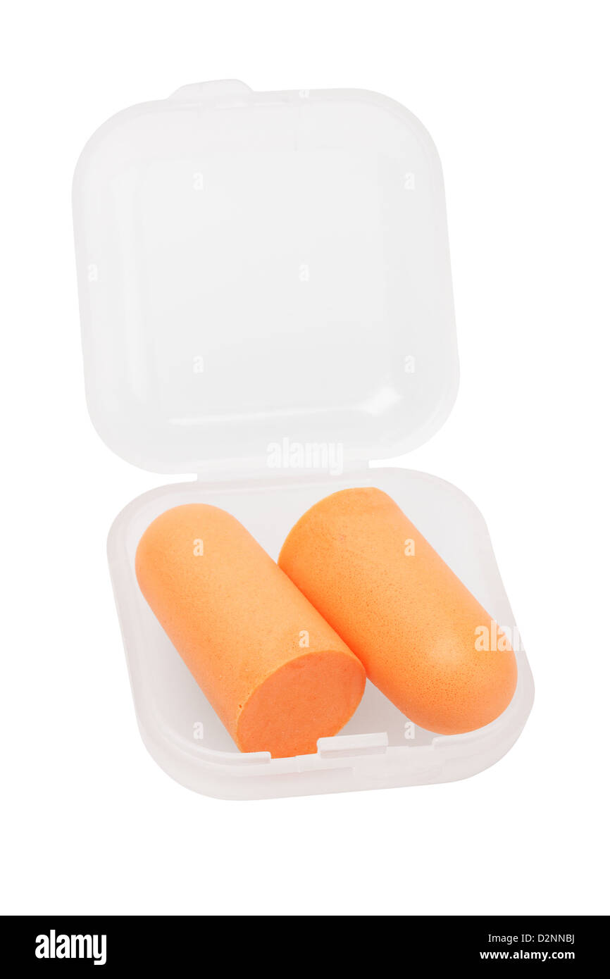 Soft Foam Ear Plugs in Plastic Container on White Background Stock Photo