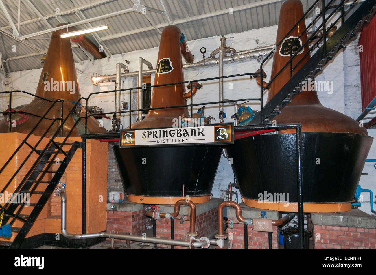 Scotland, Campbeltown, Springbank Distillery, copper pot stills Stock Photo
