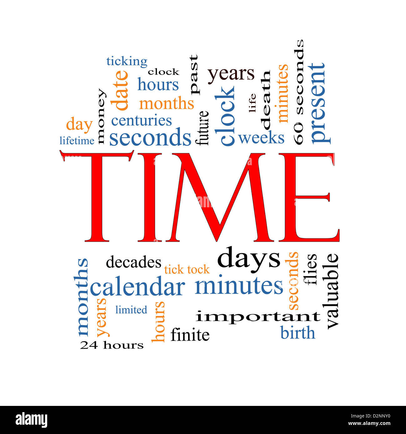 Time Word Cloud Concept with great terms such as day, hours, minutes, clock, date, seconds and more. Stock Photo