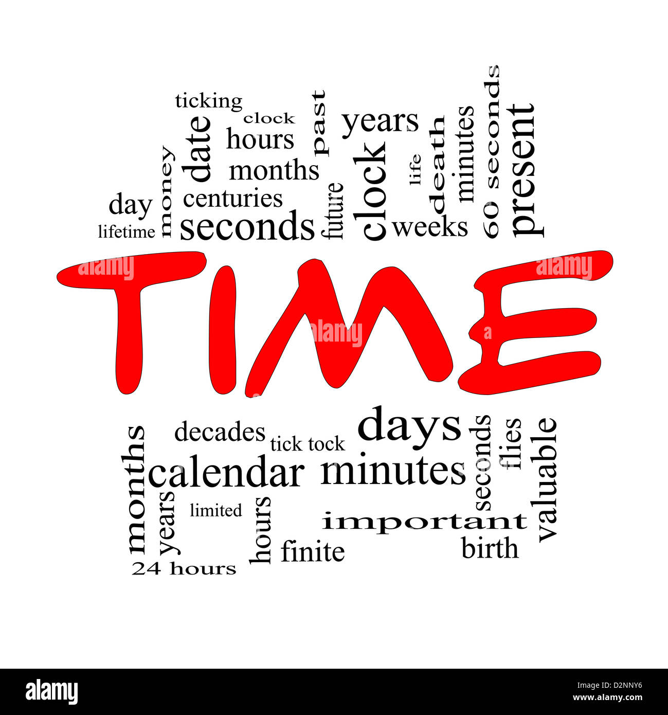 Time Word Cloud Concept in Red Caps with great terms such as day, hours, minutes, clock, date, seconds and more. Stock Photo