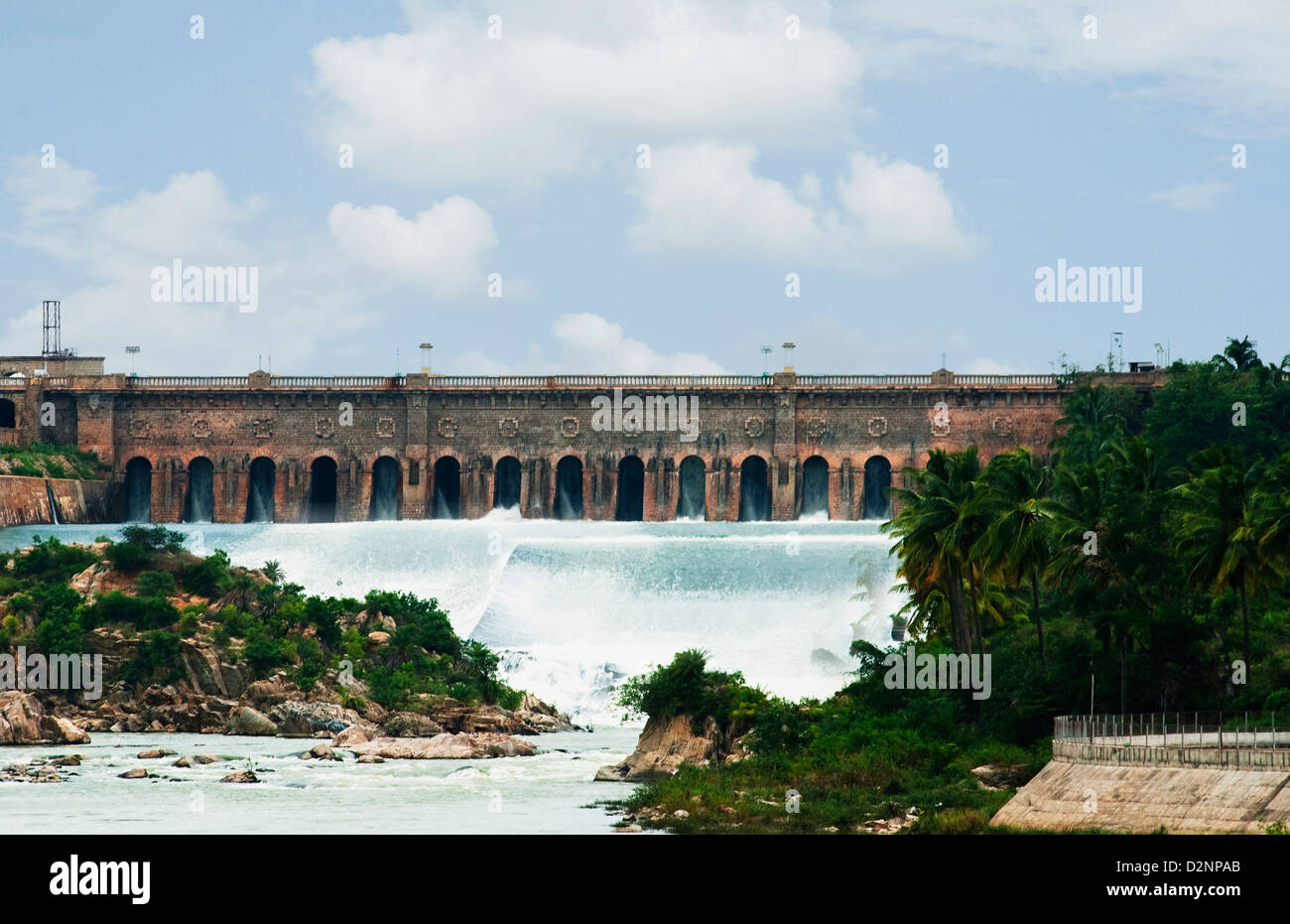 Dam on a river, Krishna Raja Sagara, Kaveri River, Mandya District, Mysore, Karnataka, India Stock Photo