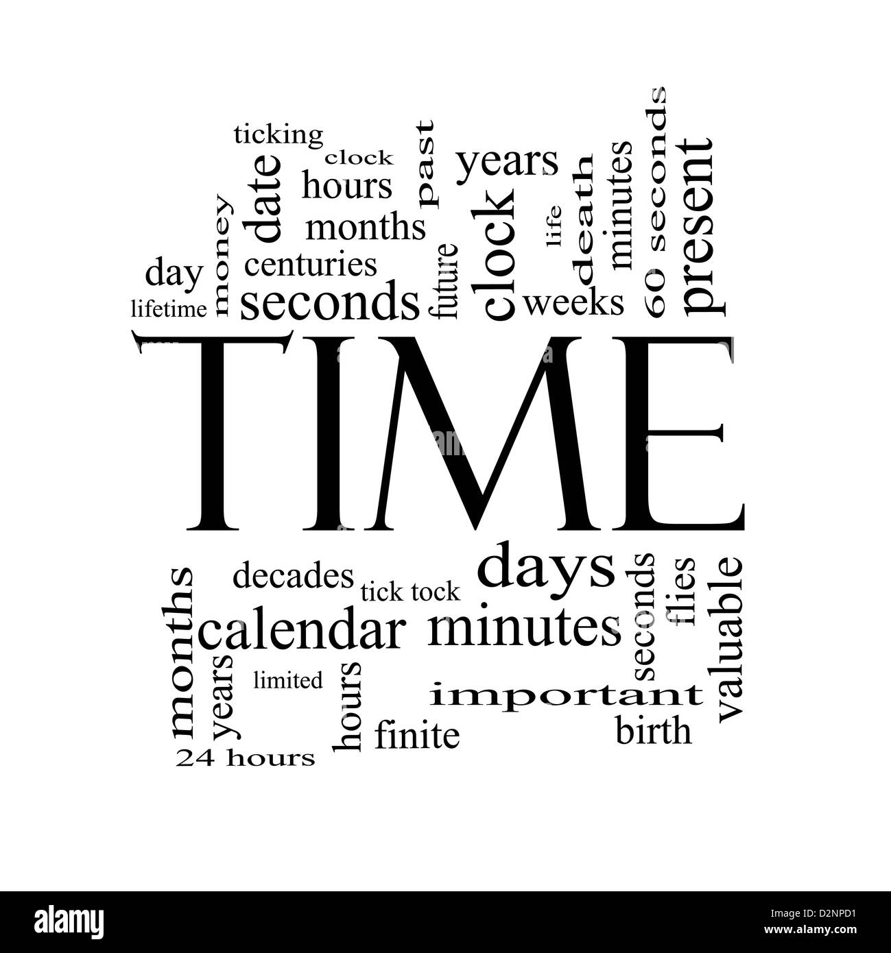 Time Word Cloud Concept in Black and White with great terms such as day, hours, minutes, clock, date, seconds and more. Stock Photo