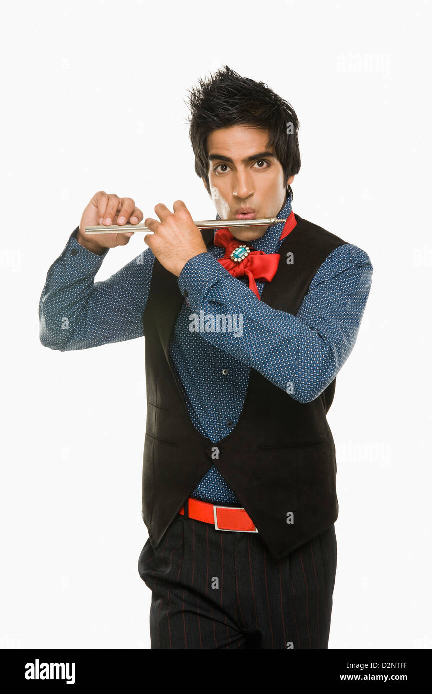 Portrait of a man playing a flute Stock Photo Alamy