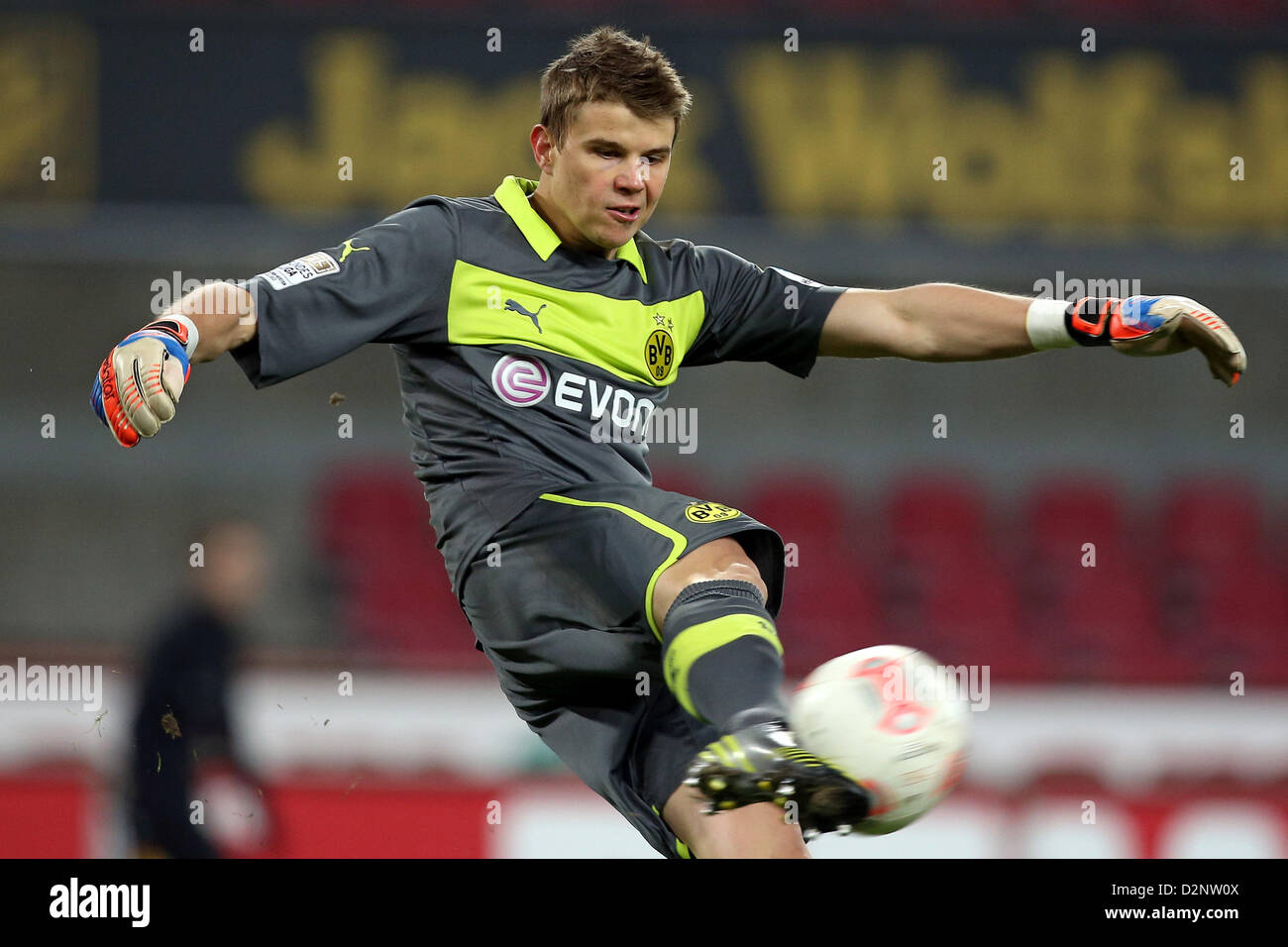 Dortmund's goalkeeper Mitchell Langerak plays the ball during the test match between 1. FC Cologne and Borussia Dortmund at RheinEnergieStadion in Cologne, Germany, 28 January 2013. Photo: Kevin Kurek Stock Photo