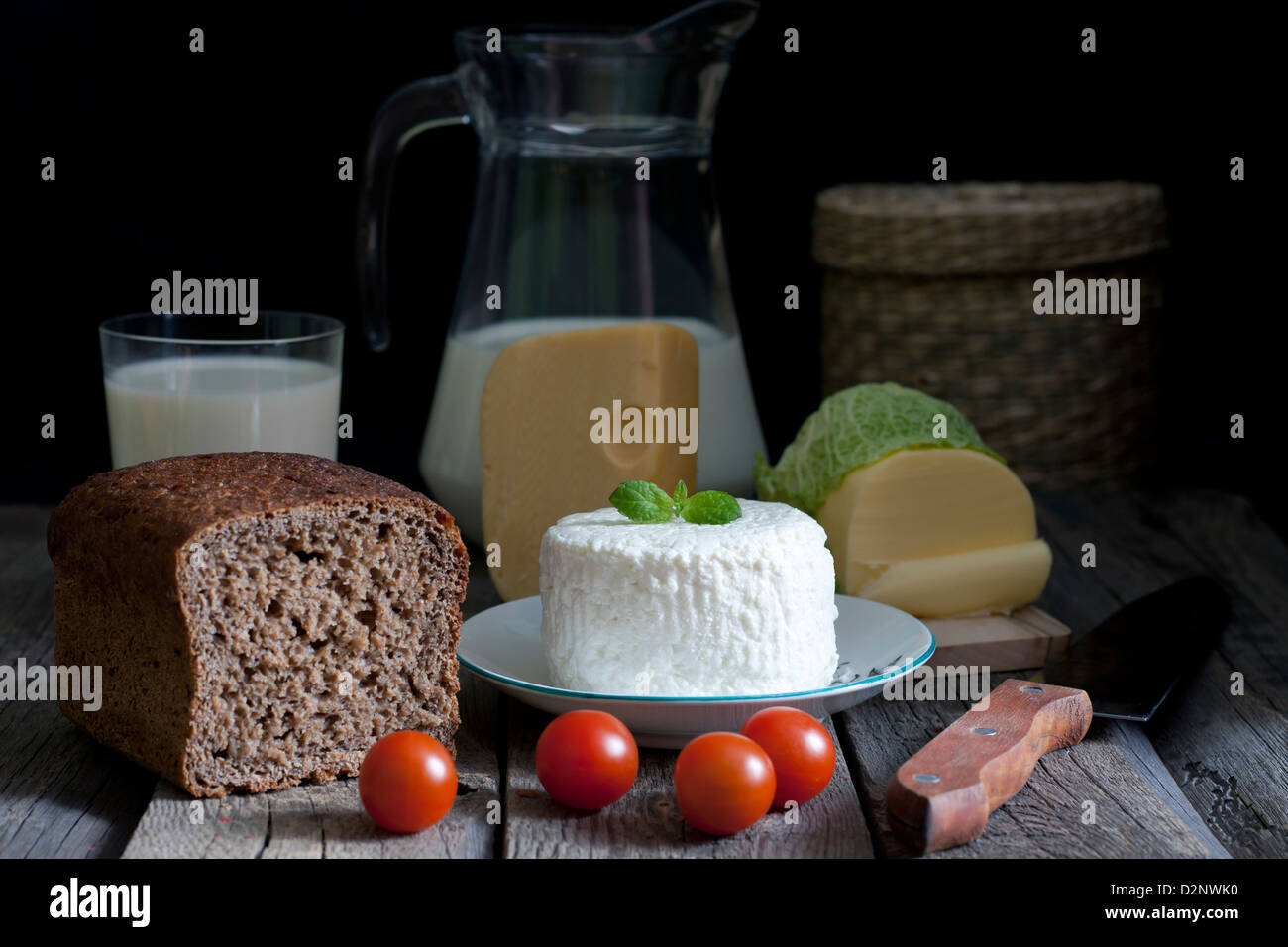 Food still life concept on vintage old retro wooden boards Stock Photo