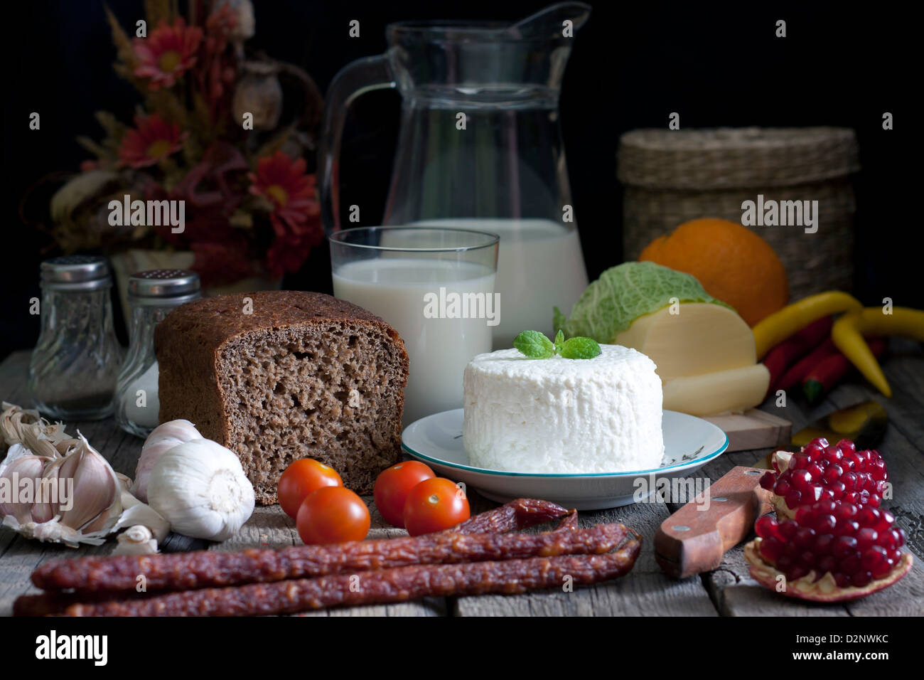 Food still life concept on vintage old retro wooden boards Stock Photo