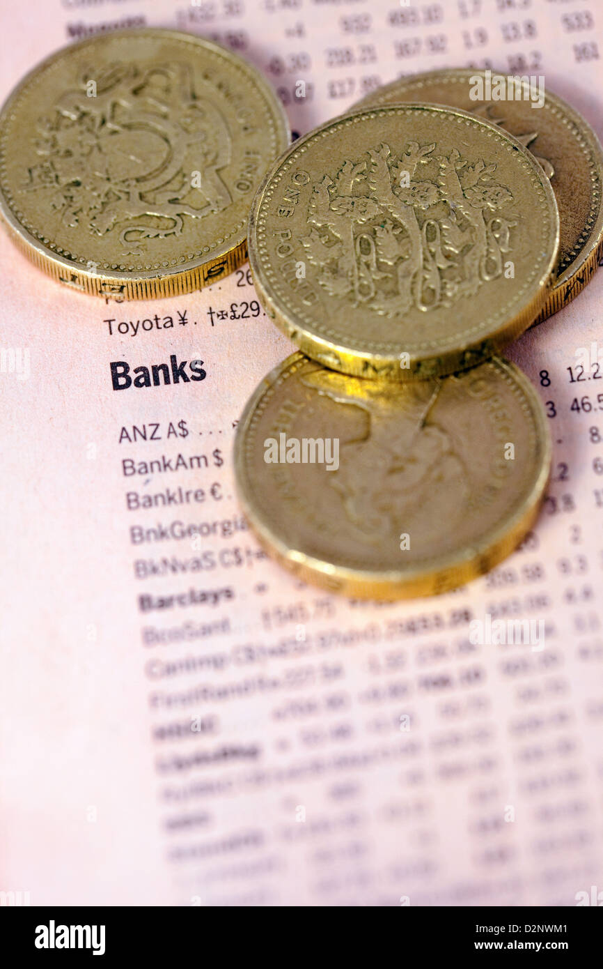 Banks - listing of stocks and shares values in the Financial Times newspaper, with pound coins, UK Stock Photo