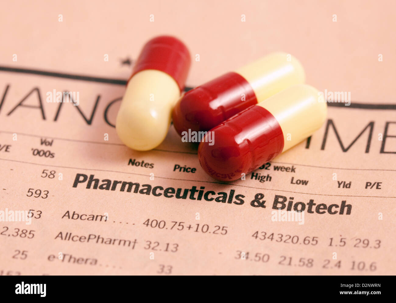 Drugs and Pharmaceuticals stocks and shares in the Financial times, drug companies concept UK Stock Photo