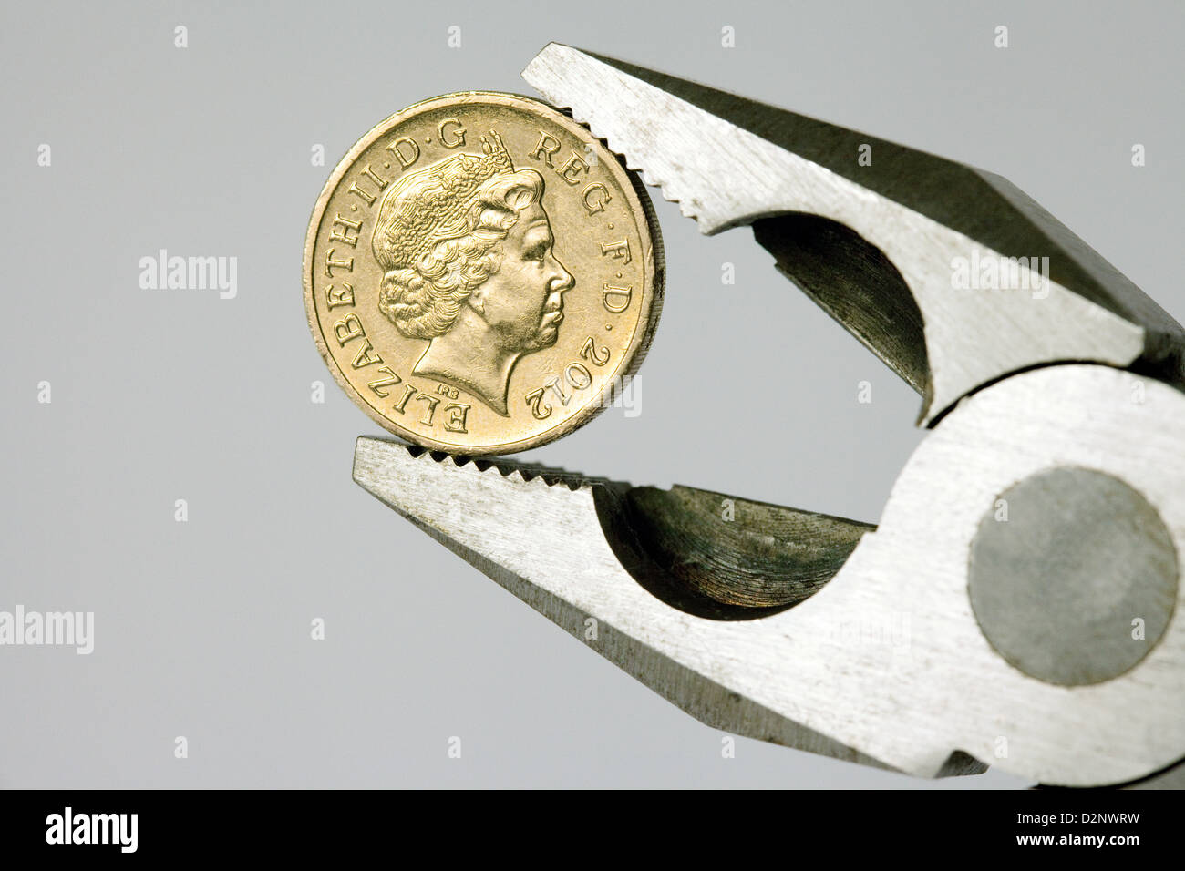 British one pound coin held by pliers - represents the concept of the Pound sterling under pressure Stock Photo